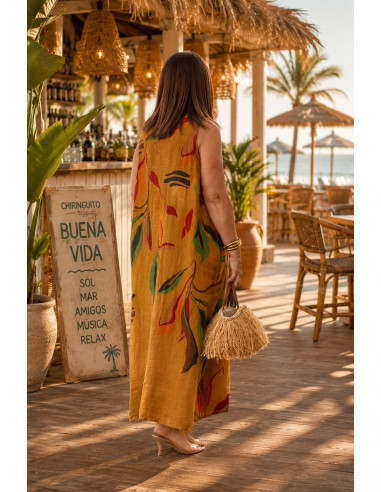 Vestido mostaza lino estampado hojas
