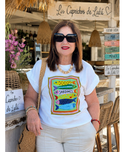 Camiseta Sardinas en cuadro blanco