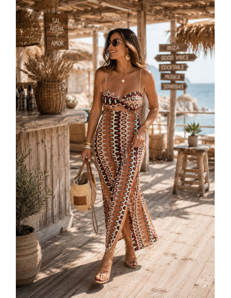 🌈 Vestido Zigzag Multicolor con Aberturas Laterales marrones