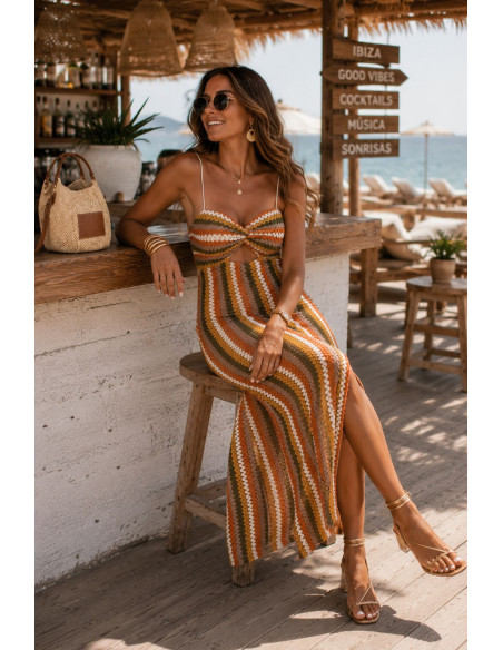 🌈 Vestido Zigzag Multicolor con Aberturas Laterales tonos tierra