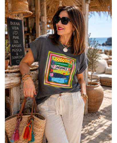 Camiseta Sardinas en cuadro gris