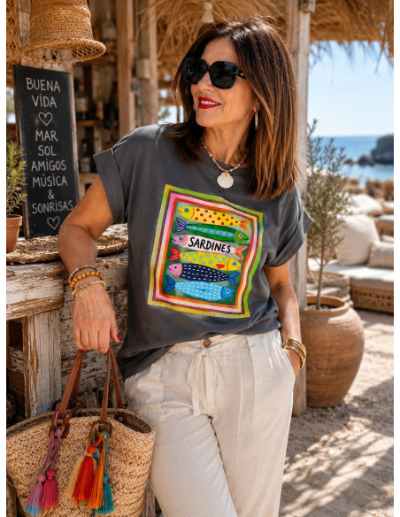 Camiseta Sardinas en cuadro gris
