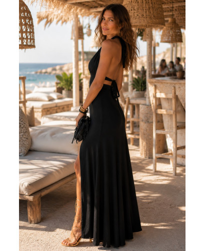 Vestido largo halter negro con abertura lateral 2