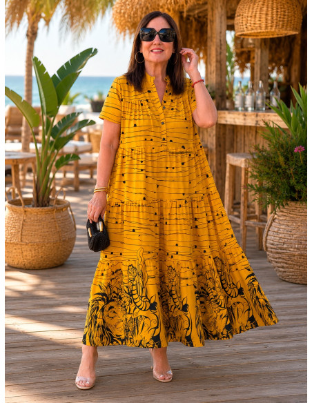Maxi Vestido Estampado de Selva con Manga Larga