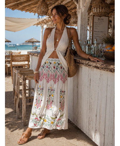 Falda Bordada blanca con Cintura Elástica