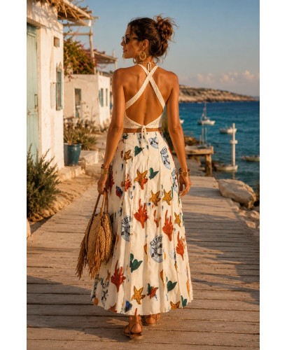 Falda estampada multicolor crudo de lino 2
