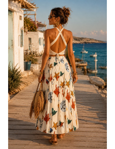 Falda estampada multicolor crudo de lino