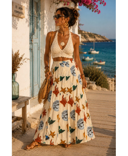 Falda estampada multicolor crudo de lino