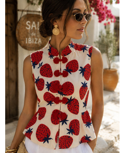 Blusa de Lino Estampado Fresas