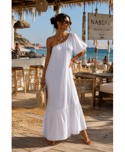 Vestido Blanco Satén con Hombro Asimétrico