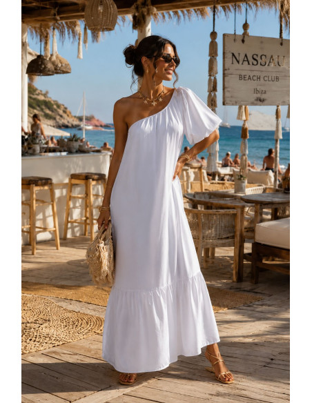 Vestido Blanco Satén con Hombro Asimétrico