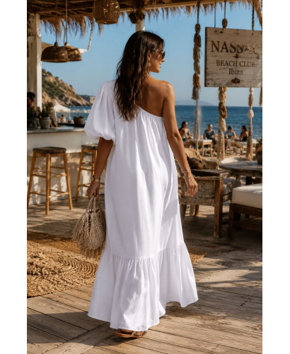 Vestido Blanco Satén con Hombro Asimétrico 2