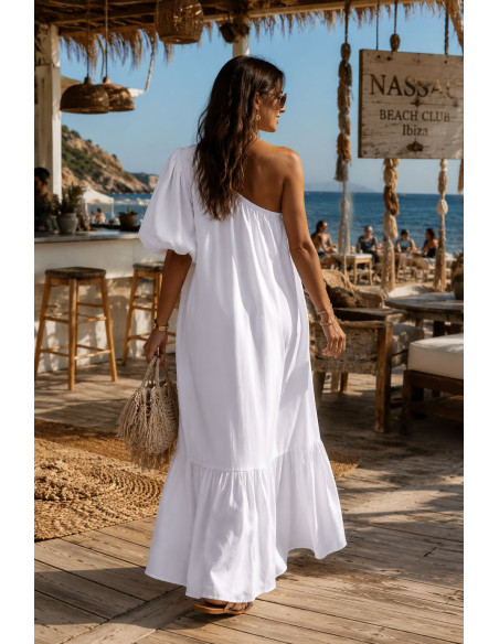 Vestido Blanco Satén con Hombro Asimétrico