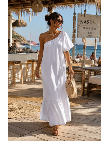 Vestido Blanco Satén con Hombro Asimétrico