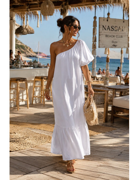 Vestido Blanco Satén con Hombro Asimétrico
