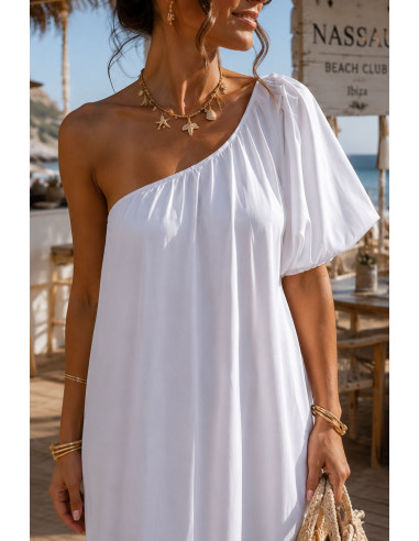 Vestido Blanco Satén con Hombro Asimétrico