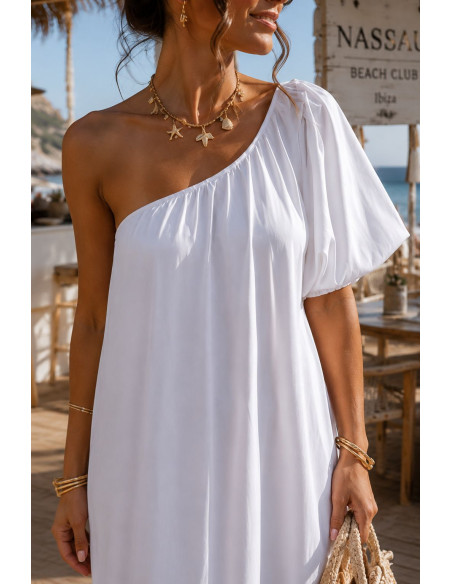 Vestido Blanco Satén con Hombro Asimétrico