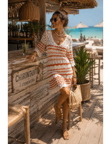Vestido de Hilo en Crudo y Naranja con Escote...