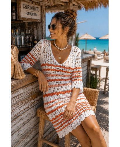 Vestido de Hilo en Crudo y Naranja con Escote de Pico 2
