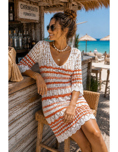 Vestido de Hilo en Crudo y Naranja con Escote...