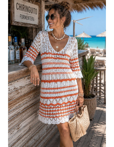 Vestido de Hilo en Crudo y Naranja con Escote...