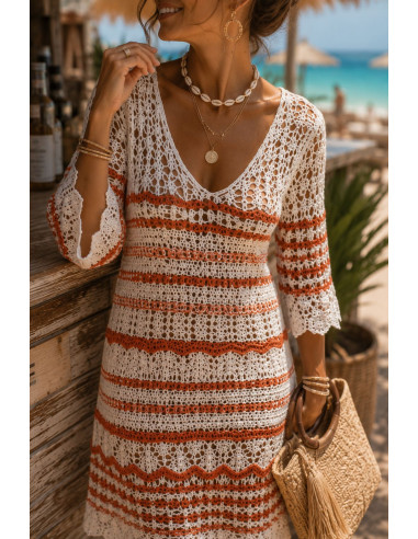 Vestido de Hilo en Crudo y Naranja con Escote...