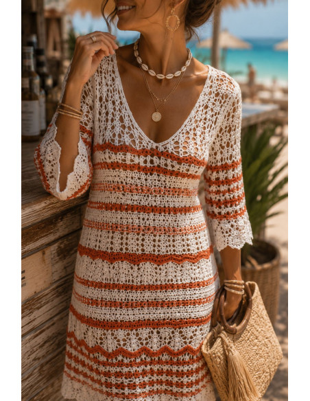 Vestido de Hilo en Crudo y Naranja con Escote de Pico