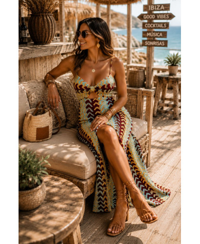🌈 Vestido Zigzag Multicolor con Aberturas Laterales ocres 2