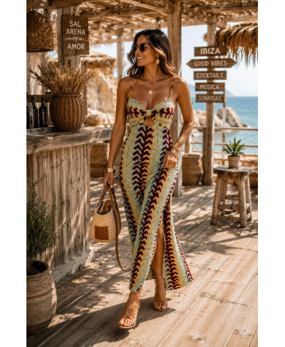 🌈 Vestido Zigzag Multicolor con Aberturas Laterales ocres