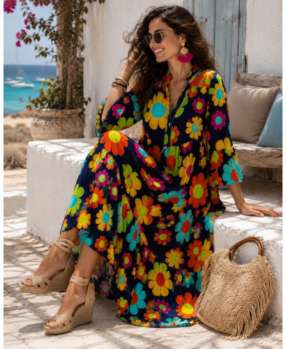 Vestido babydoll azul marino con estampado de margaritas