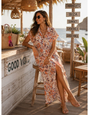 Vestido camisero largo floral mujer en tonos...
