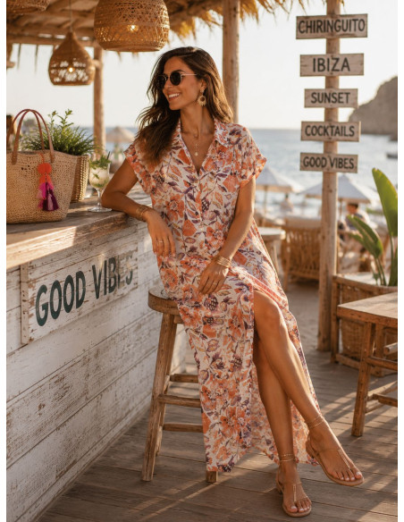 Vestido camisero largo floral mujer en tonos naranja y malva