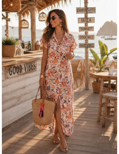 Vestido camisero largo floral mujer en tonos...