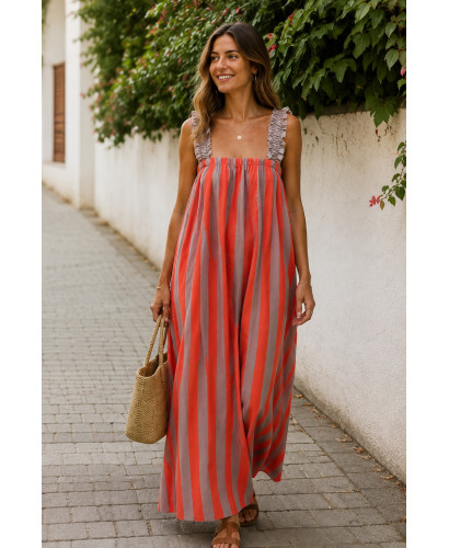 Vestido Largo de Rayas tostado y Naranja