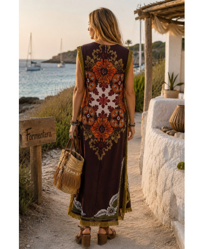 Vestido Satén Granate con Flecos 2