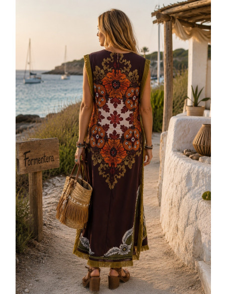 Vestido Satén Granate con Flecos