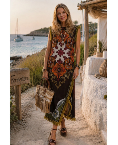 Vestido Satén Granate con Flecos
