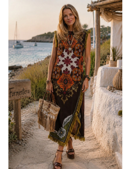 Vestido Satén Granate con Flecos
