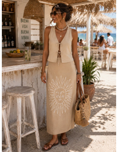 Falda sol bordada tostada