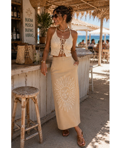 Falda sol bordada tostada