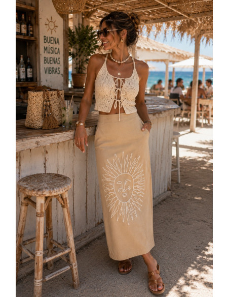 Falda sol bordada tostada