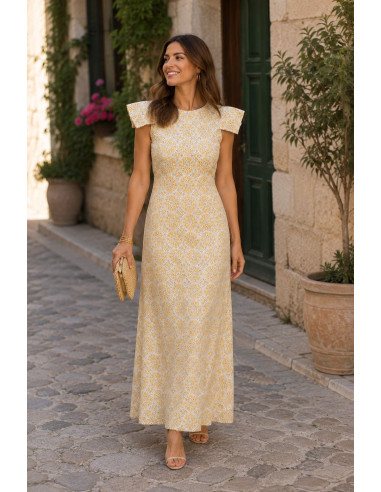 Vestido Bordado Amarillo con Hombreras