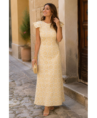 Vestido Bordado Amarillo con Hombreras