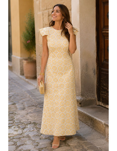 Vestido Bordado Amarillo con Hombreras