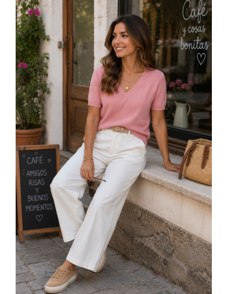 Suéter de punto fino con escote de pico rosa
