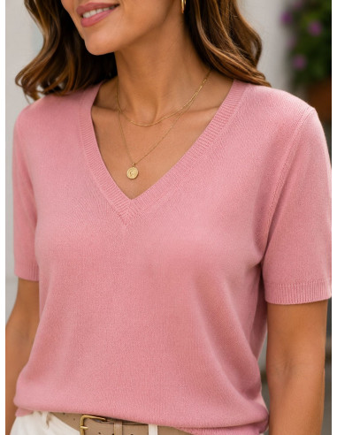 Suéter de punto fino con escote de pico rosa