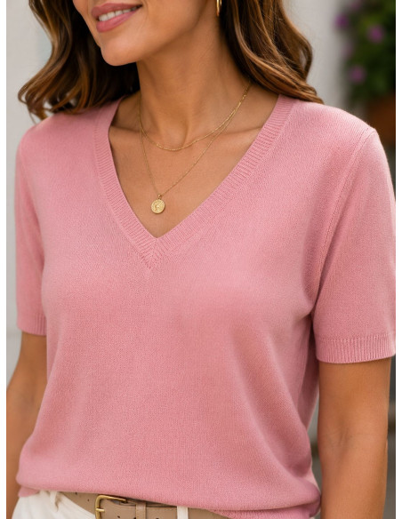 Suéter de punto fino con escote de pico rosa