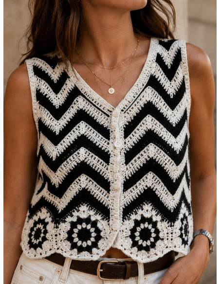 Top chaleco crochet crudo y negro(ref.875)