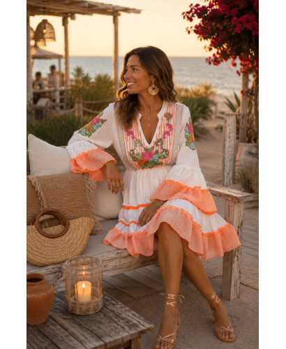 Vestido Boho Blanco Bordado Flúor