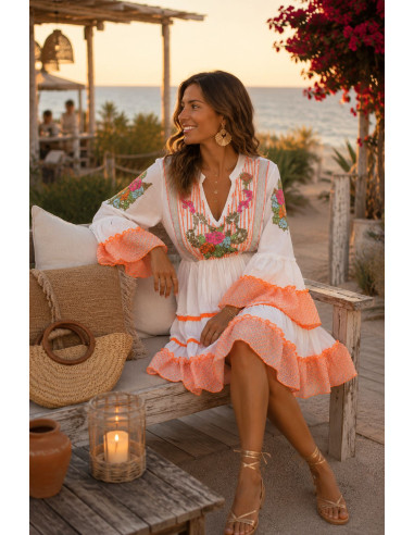 Vestido Boho Blanco Bordado Flúor